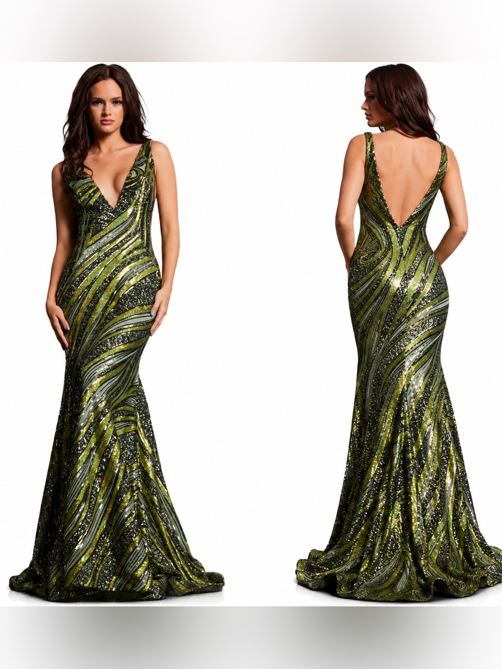 NWT Very Rare Jovani Olive/Lime Green Sequin Deep V-Neck Mermaid Gown Size 14 - Picture 3 of 11